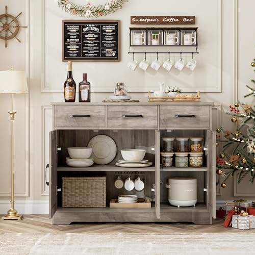 HOSTACK Kitchen Buffet Cabinet with Storage, Sideboard Coffee Bar, Grey | Farmhouse Kitchen Storage Cabinet with 3 Drawers & Adjustable Shelf, 42.5"W Buffet Table for Dining Living Room, White - color: Ash Grey