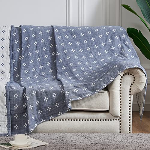 jinchan 100% Cotton Muslin Blanket Twin Boho Throw Blanket 60x80 Denim Blue | 3-Layer, Geometric Cross Quilt, Cooling Breathable Lightweight, for Adult, Soft, Reversible, Summer, Couch, Sofa, Bedroom - color: B. Cross Blue, size: 60"x80"