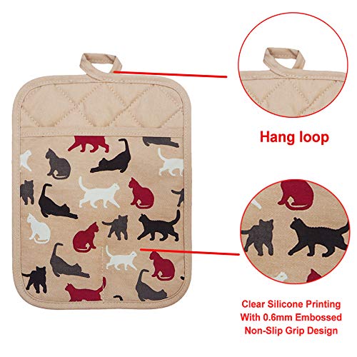 Pot Holders Set of 2,Non Slip Clear Silicone Printed Potholdes | Resistant 480 ℉,Comfortable Cotton Lining Kitchen Women Men Cooking Baking Microwave (Cat, Khaki Potholders) - color: Cat, Khaki Potholders