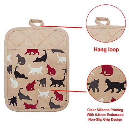 Pot Holders Set of 2,Non Slip Clear Silicone Printed Potholdes | Resistant 480 ℉,Comfortable Cotton Lining Kitchen Women Men Cooking Baking Microwave (Cat, Khaki Potholders) - color: Cat, Khaki Potholders
