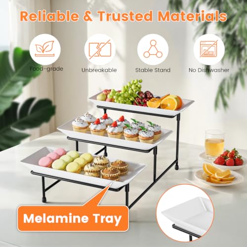 3 Tier Serving Tray, 12'' Collapsible BPA Free Dessert Stand, Black | 3-Tier Serving Platter. BPA-Free, Shatterproof. Steel Frame, Collapsible. Ideal For Parties, Weddings, BBQ & Holiday Events. - color: Black, size: 12" x 11.6" x 8.7"