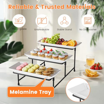 3 Tier Serving Tray, 12'' Collapsible BPA Free Dessert Stand, Black | 3-Tier Serving Platter. BPA-Free, Shatterproof. Steel Frame, Collapsible. Ideal For Parties, Weddings, BBQ & Holiday Events. - color: Black, size: 12" x 11.6" x 8.7"