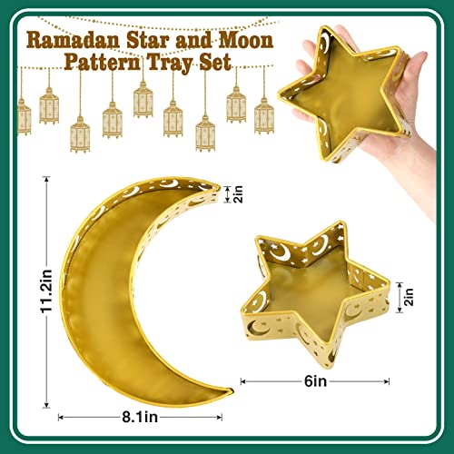 2PCS Ramadan Serving Trays Decorations for Home - Moon Star Shaped Eid Mubarak Table Decor Gifts, Islam Muslim Al-Fitr Iftar Party Crescent Iron Platters Dishes(Moon/Star Pattern) - style: Moon Star