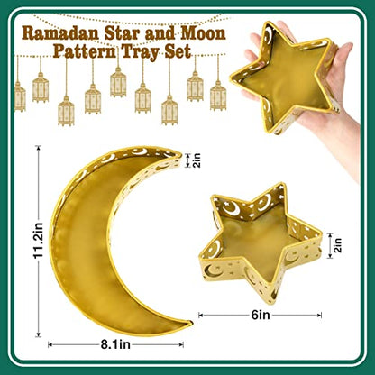 2PCS Ramadan Serving Trays Decorations for Home - Moon Star Shaped Eid Mubarak Table Decor Gifts, Islam Muslim Al-Fitr Iftar Party Crescent Iron Platters Dishes(Moon/Star Pattern) - style: Moon Star