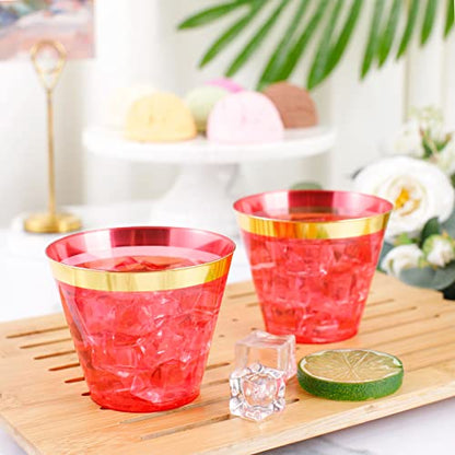 LUODA 150PCS Red Plastic Cups, 9oz Clear Red Disposable Cups with Gold Rim | Old Fashioned Tumblers Gold Rimmed Red Plastic Cups,Unbreakable cups for Any occasion: Weddings, Parties, Business Events - color: Red