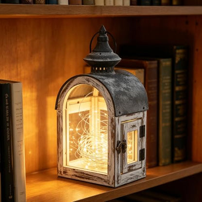 12" High Wooden Dome Lantern Made of Solid Fir Wood and Real Glass in Whitewash Finish with Grey Metal Top, Hurricane Lantern, Farmhouse Lantern (Whitewash, 6"x4.4") - color: Whitewash, size: 6"x4.4"