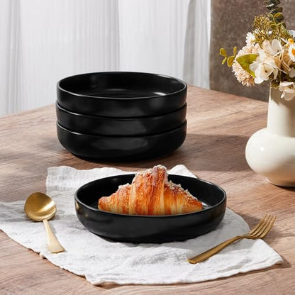 E-far Stoneware Pasta Bowls Set of 4, 35oz Double Reactive Black Glaze | Wide & Shallow Ceramic Pasta Plates for Serving Salad Soup Dinner, Dishwasher & Microwave Safe, Matte Black - color: Matte Black