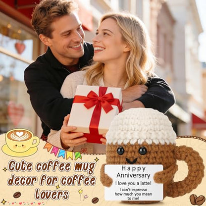 Xinezaa Mini Christmas Anniversary Crochet Coffee Gifts for Wife Husband | Birthday Gifts for Girlfriend Boyfriend Couples Coffee Lover, Cute Handmade Crochet, Valentine Romantic I Love You Desk Decor - style: Anniversary