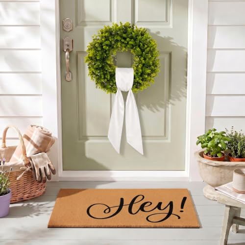 Door Mat and Wreath Set, 2 Pcs, Faux Coir, 19", Porch, Hey | Greenery White Bow Coquette Cute Hey Doormat with Artificial Greenery Outside Decor for Front Door - color: Simple Hey With Pure White Bow