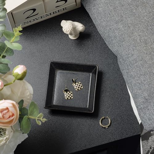 Ceramic Trinket Dish, Small Jewelry Ring Tray for Keys, Black | Glazed ceramic jewelry tray. Stores rings, earrings, necklaces, bracelets. Easy to clean. Perfect for vanity and entryway. - color: Black Surface
