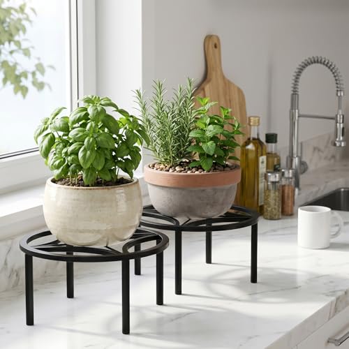 TOSKING 2-Pack Fully Assembled Heavy Duty Metal Plant Stand, Geometric Flower Pot Holder for Heavy Potted Plant, Rustproof Iron Plant Riser with Adjustable Feet, 220 LBS Capacity, No Installation Required, Black (13.4"Dia x 6.5"H) - color: geometric (blac