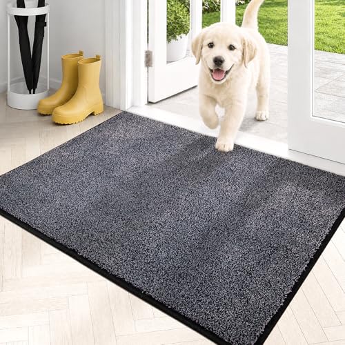 PURRUGS Dirt Trapping Indoor Door Mat, 24" x 35.5", Bluish Grey-Black | Machine Washable, Non-Slip, Waterproof TPR Backing, Super Absorbent, Low Profile, Entryway Rug for Muddy Paws and Shoes - color: Bluish Grey-black, size: 24" X 35.5"