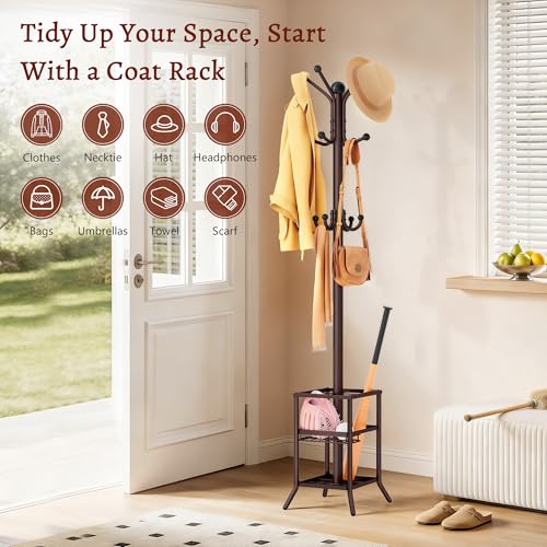 FAVOOSTY Coat Rack Freestanding,Coat Rack Stand with Umbrella Holder,Metal Coat Tree with 12 Hooks,Tree Clothes Hat for Entryway, Hallway, Bedroom, Living Room & Office -Brown - color: Brown