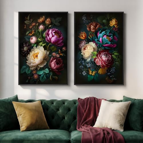 Large Framed Vintage Floral Wall Art Set of 2, Colorful Rustic Farmhouse Botanical Canvas Prints, Moody Cottage Core Peony Flower Pictures Wall Decor for Living Room Bedroom Dining Room, 24x36 - color: Black & Colorful, size: 24" W x 36" H x 2Pcs