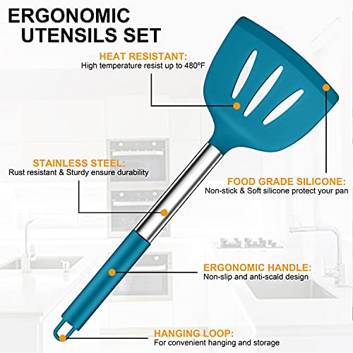 LIANYU 43 Pcs Silicone Kitchen Cooking Utensils with Holder, Heat Resistant Spatula Set with Stainless Steel Handle, Kitchen Cooking Gadgets Tools for Nonstick Cookware Set, Blue - color: Blue