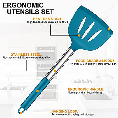 LIANYU 43 Pcs Silicone Kitchen Cooking Utensils with Holder, Heat Resistant Spatula Set with Stainless Steel Handle, Kitchen Cooking Gadgets Tools for Nonstick Cookware Set, Blue - color: Blue