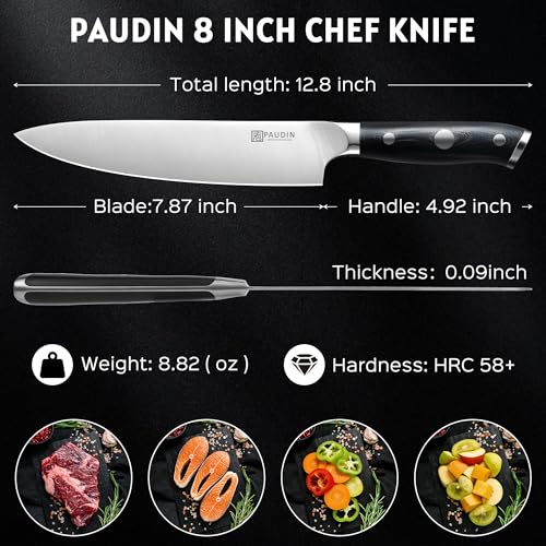 PAUDIN Chef Knife,8 Inch Professional Kitchen Knife Dishwasher Safe,Forged German Stainless Steel Sharp Cooking Knife,Ergonomic G10 Handle Full Tang Meal Prep Knives,Home Restaurant Gift for Men Women - color: Chef Knife - 8 inch