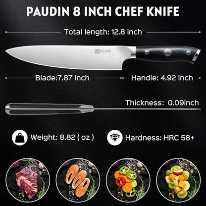 PAUDIN Chef Knife,8 Inch Professional Kitchen Knife Dishwasher Safe,Forged German Stainless Steel Sharp Cooking Knife,Ergonomic G10 Handle Full Tang Meal Prep Knives,Home Restaurant Gift for Men Women - color: Chef Knife - 8 inch