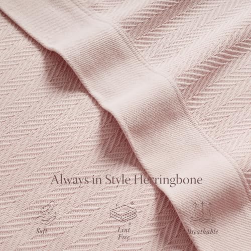 Threadmill Luxury Cotton Blankets for Queen Size Bed | All-Season 100% Cotton Queen Size Blanket | Herringbone Cozy, Soft Breathable Fall Thermal Blanket fits Full Size Bed | English Rose | 100% Cotton, Herringbone Pattern, 90x92 in, Breathable, All-Seaso