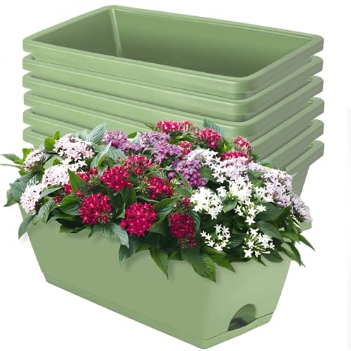 LOCONHA 7 Pack Window Box Planter, Plastic Vegetable Flower Planters Boxes | 17 Inches Rectangular Flower Pots with Saucers, Indoor Outdoor Garden Patio, Home Decor (Aqua) - color: Aqua