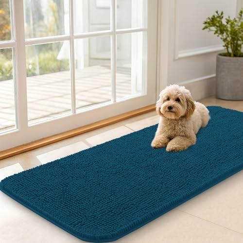 OLANLY Dog Door Mat for Muddy Paws 47x20, Super Absorbent Chenille Mud Mat | Atlantic Blue, Absorbs Moisture and Dirt, Non-Slip Machine Washable Doormat, Quick-Dry Indoor Entryway Floor Carpet for Dogs - color: Atlantic Blue, size: 47" X 20"