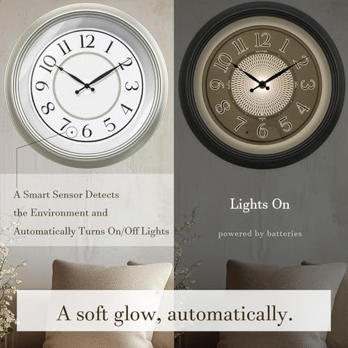 18" Galaxy Large Illuminated Atomic Wall Clock, Silver | Night Light Wall Clock with Smart Sensor, Accurate & Easy to Read for Living Room, Bedroom & Home Office - color: Morning Silver