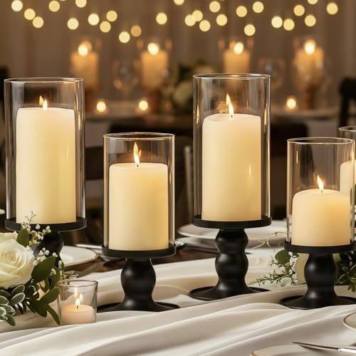 NITIME 4Pcs Hurricane Candle Holder for Pillar Candles, Black Candle Holders with Clear Glass Sleeve for Table Centerpieces,Pillar Candle Holders for Home Decor, Wedding, Holiday and Party Decor - color: Black