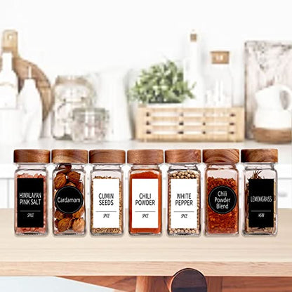 Churboro 36 Pack 4oz Glass Spice Jars with 547 Labels, Acacia Wood Lids | Empty Square Spice Bottles with Acacia Wood lids, Labels, Funnel & Chalk Pen. Keep Seasoning Containers Neat and Organized