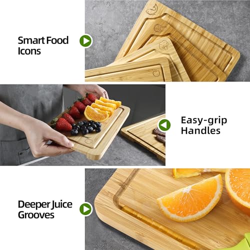 WILLKOMMEN 4-Piece Bamboo Cutting Boards for Kitchen, Chopping Board Set with Food Icon (Meat, Fish, Vegetables, Fruits) Butcher Block with Stands, Handles & Juice Grooves (Small, Medium, Large, XL) - color: Bamboo Set of 4