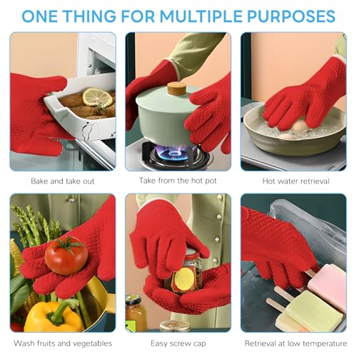 1 Pair Oven Mitts, Heat Resistant Protective Oven Gloves, Cotton Lined Silicone Kitchen Mitts Pair, Nonslip Silicone Cooking Gloves with Fingers (Red) - color: Red