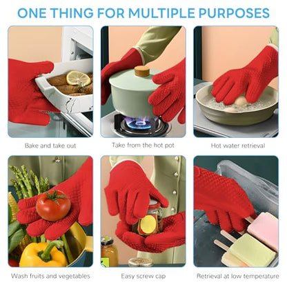 1 Pair Oven Mitts, Heat Resistant Protective Oven Gloves, Cotton Lined Silicone Kitchen Mitts Pair, Nonslip Silicone Cooking Gloves with Fingers (Red) - color: Red