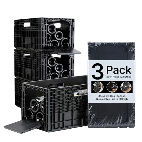 Stackable Wine Rack for Cabinet,12-Bottle Crate, Set of 3, Black | Dual-access modular horizontal wine rack organizer, recycled plastic crates stack to 8ft, fits cellar, home bar or wine shelf