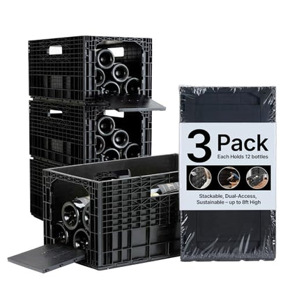 Stackable Wine Rack for Cabinet,12-Bottle Crate, Set of 3, Black | Dual-access modular horizontal wine rack organizer, recycled plastic crates stack to 8ft, fits cellar, home bar or wine shelf