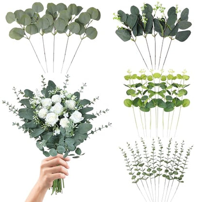 Eucalyptus Leaves Stems 30 PCS, 4 Kinds Mixed Artificial Greenery Stems for Wedding Decor Vase Floral Arrangement Centerpiece