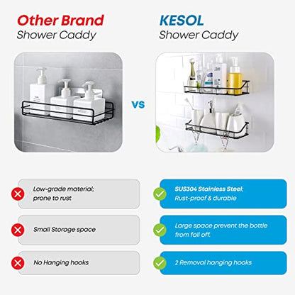 KESOL Adhesive Shower Caddy, Shower Shelf Organizer, SUS304, 2 Pack, Black | Bathroom Organization with Hooks, Stainless Steel shower shelves - color: Black