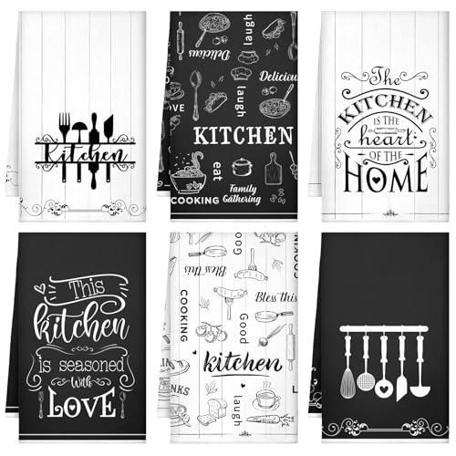 6 Pcs Black and White Kitchen Towels Decorative Sets Dish Towels Absorbent Fast Drying Hand Tea Vintage Hanging Reusable Cleaning Dishcloths for Cooking Farmhouse Bathroom Accessory - color: Black White, style: Classic