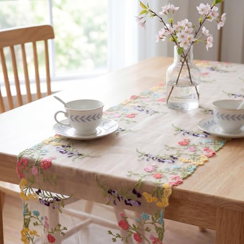Embroidered Lace Table Runner Spring Summer Floral Tulle Trim Table Runner Flowery for Easter Kitchen Home Dining Wedding Party Indoor Decoration (13 x 120 Inch) - size: 13 x 120 inches