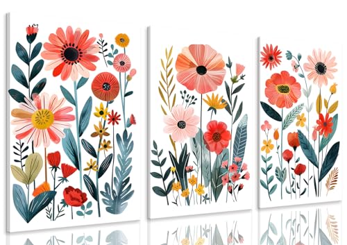 KISSFOX Framed Colorful Wildflower Canvas Wall Art Set Of 3 Flowers Pictures Prints Flowers Printing Floral Watercolors Flower wall Decor Living Room Girls Bedroom Bathroom - color: Blue Orange, size: 12x16 In Canvas