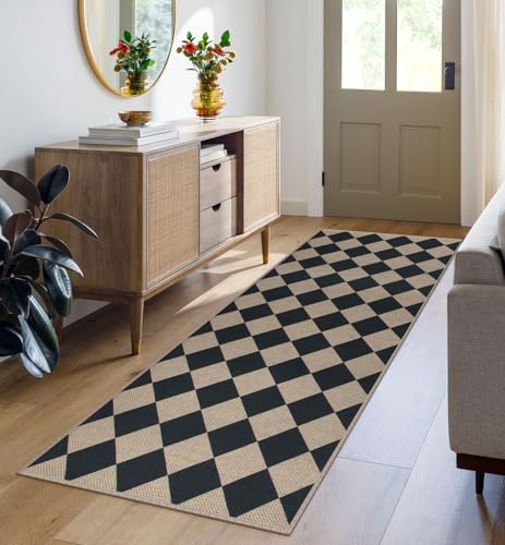 Easy Jute Checkered Runner Rug, 2x6 Black Modern Washable Rugs Runner for Hallway Non-Slip Long Kitchen Rug, Geometric Diamond Indoor Outdoor Carpet for Porch Laundry Entryway - color: Black Checkered, size: 2' x 6' (Runner)