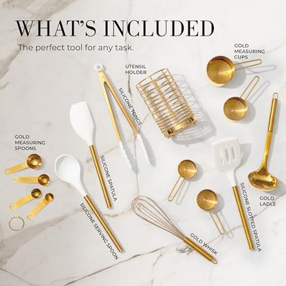 Styled Settings White and Gold Kitchen Utensils Set with Holder, 15-Piece | Nonstick BPA-Free Silicone Cooking Utensils with Measuring Cups and Spoons - Luxury Kitchen Accessories for Stylish Cooking - color: 15 Piece White & Gold