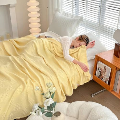 LGYKUMEG 100% Cotton Muslin Large Throw Blanket 71x79 inch - Lightweight, Breathable and Soft, Waffle Weave Striped Gauze Bed Blankets,Yellow - color: Yellow, size: Twin 71x79 inch
