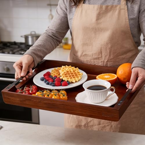 Acacia Wood Tray - 17X13 Large Ottoman Decorative Wooden Trays with Handle for Coffee Table, Kitchen Counter and Living Room - Rectangle Serving Tray for Countertop - color: Brown