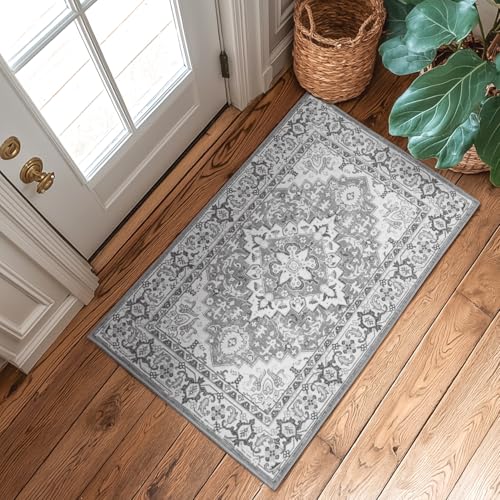 2 x 3 Entryway Rug Machine Washable Boho Area Rug for Bedroom, Grey | Faux Wool 0.25inch Low Pile Door Mat, Floral Medallion Vintage Indoor Outdoor Rugs Non-Slip, for Kitchen Bathroom Bedside - color: Grey Beige, size: 2' x 3' (Rectangular)