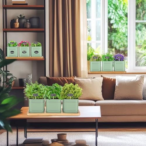 LemonRoad 6 Pcs Indoor Herb Planter Window Herb Pots for Kitchen with Drainage Hole and Bamboo Tray Farmhouse Metal Garden Planter Pot with DIY Label Mom Plant Gift(Sage Green,Square) - color: Sage Green