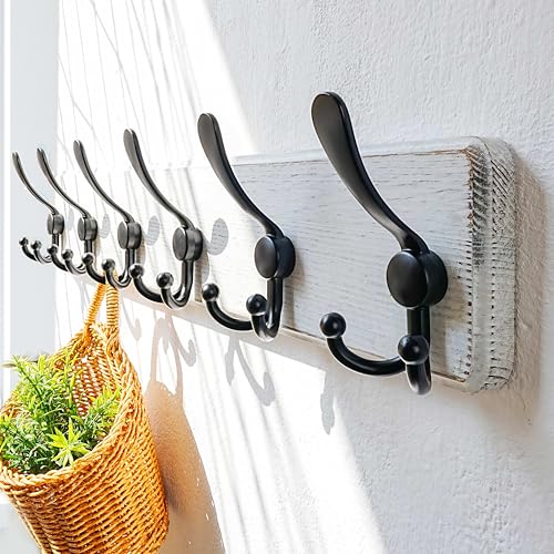 Coat Rack Wall Mounted - 24" Long 6 Tri Hooks, Heavy Duty Wooden Wall Coat Hanger Coat Hook for Clothes Hat Jacket Clothing, White and Black - color: White & Black, size: L=24"