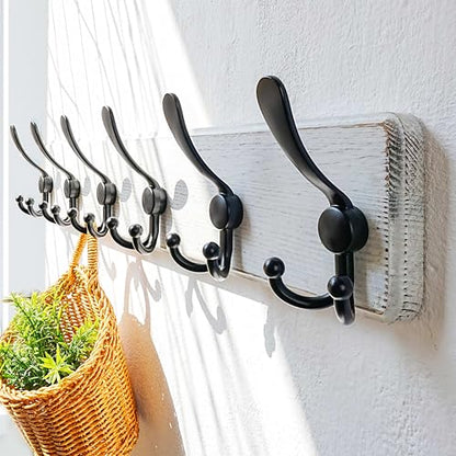 Coat Rack Wall Mounted - 24" Long 6 Tri Hooks, Heavy Duty Wooden Wall Coat Hanger Coat Hook for Clothes Hat Jacket Clothing, White and Black - color: White & Black, size: L=24"