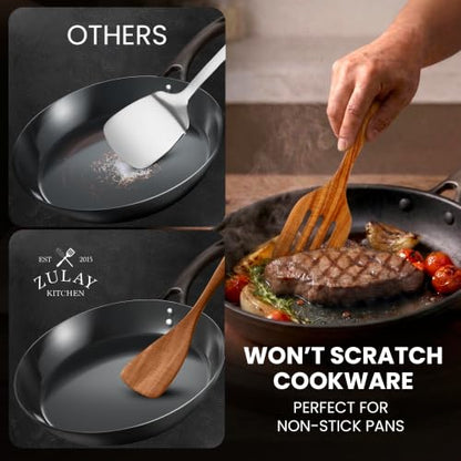 Zulay Kitchen Extra-Large 5-Piece Wooden Spoon Set - Smooth Teak Cooking Utensils - Comfort-Grip Non-Stick Turner, Spatula, Skimmer, Fork, Serving Spoon - size: 5 Piece | Large