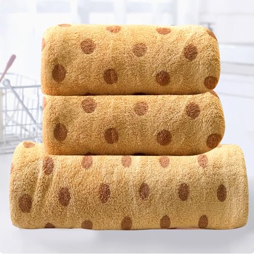 Polka Dots Towels Set Yellow Hand Towels Soft Velvet Absorbent Bath Towels Set Coral Fleece Bathroom Towel Set, Shower Towel (Yellow,1 Bath Towel+2 Hand Towels) - color: Yellow Dot, size: 3 pack
