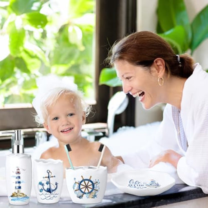 Nautical Bathroom Accessories Set of 4, Coastal Lighthouse Compass Anchor Sailboat Tumbler Soap Dispenser Toothbrush Holder Soap Dish for Ocean and Sea Coastal Theme Bathroom Decoration - style: Nautical