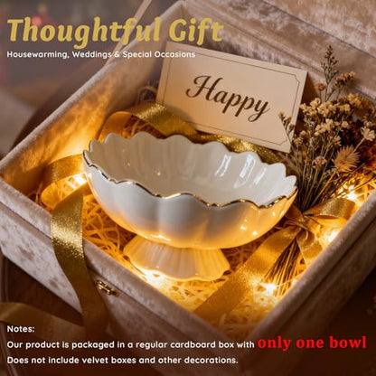 White Small Decorative Bowl 8 Inch Ceramic Key & Fruit Bowl Ruffle Lotus Shape with Gold Rim Candy Bowl, Multi-Use Centerpiece Pedestal Bowls for Kitchen Counter, Coffee Table, Entryway, Wedding